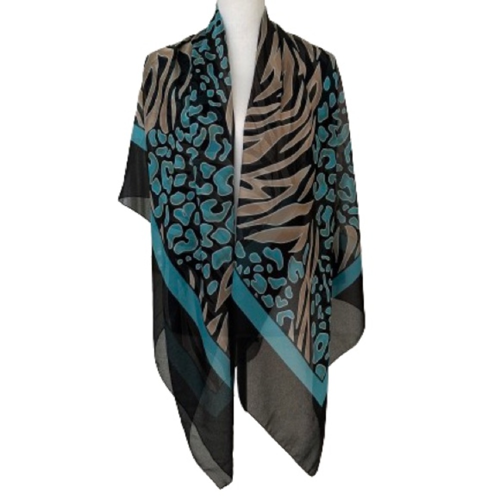 New Carol Wior Animal Print Scarf Sarong Brown/Black/Blue, Sz 60,5”x46,5”